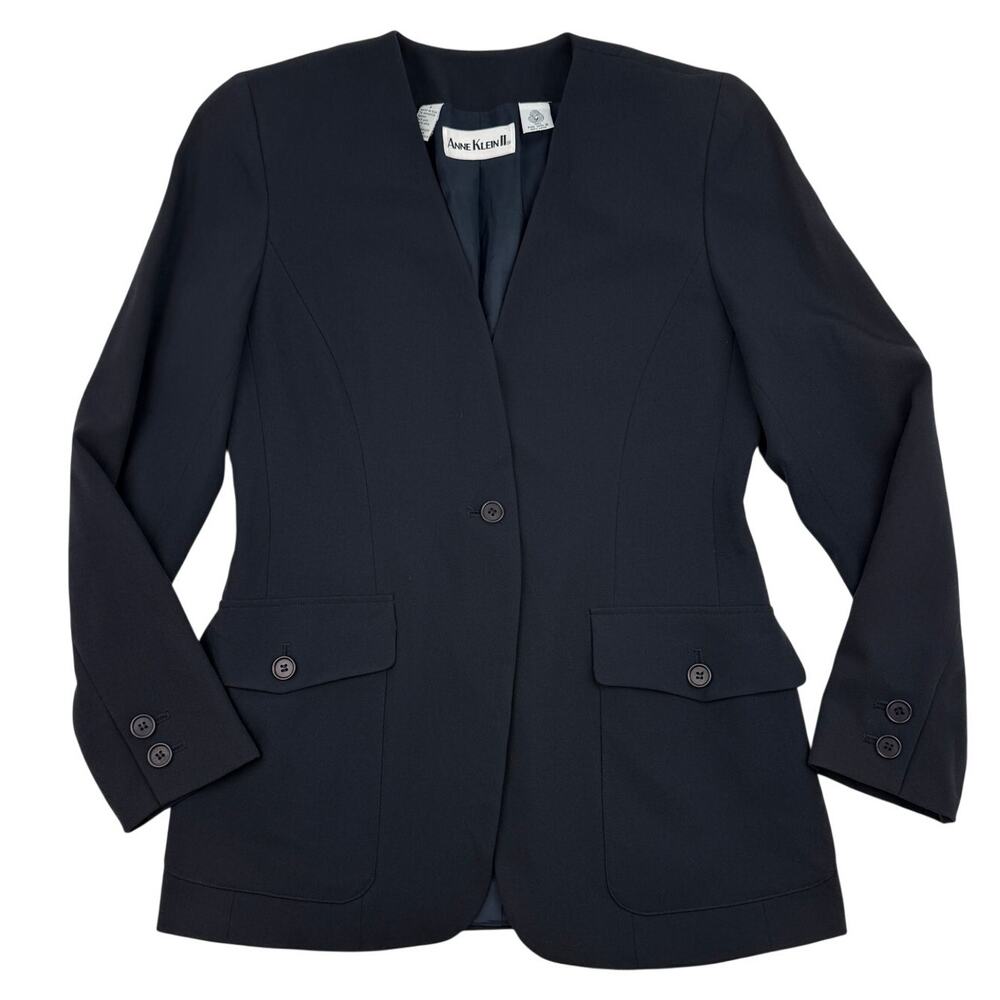Anne Klein II Navy Wool Blazer Minimal Collarless Size 4 Made in USA Vintage 90s